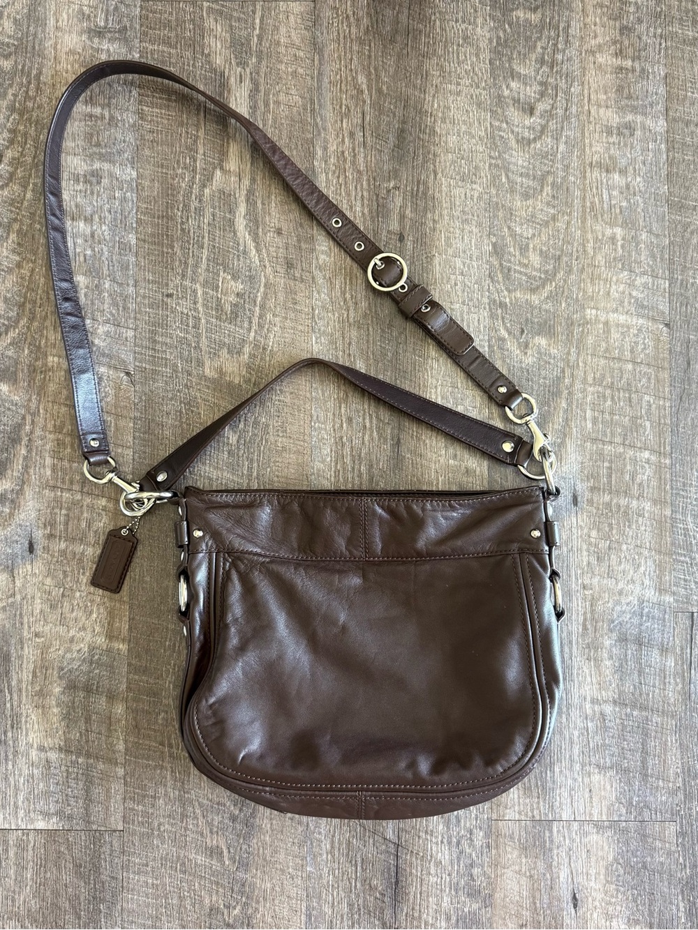 Coach Zoe hobo Dark Brown Leather Crossbody Bag with Silver Hardware